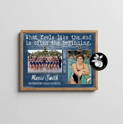 a picture frame with a picture of a girl's swimming team