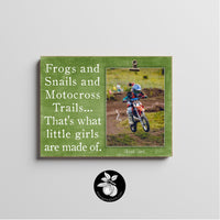 Personalized Motocross Picture Frame Gift for Girl, First Birthday, Dirt Bike Nursery Decor, Frogs and Snails and Motocross Trails, 9x12