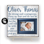 Baptism Gift Boy Picture Frame, Christening Gift From Godparents, Baby Dedication Gift, Be Strong and Courageous, Catholic Wall Art 16x16