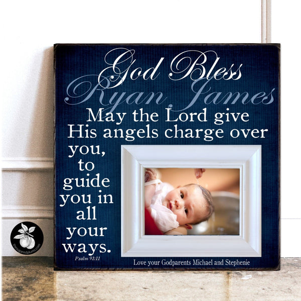 May The Lord Give His Angels, Baptism Gift Boy Picture Frame, Christening Gifs for Boys, Baby Name Sign, Bible Verse Prints,Godson Gift from Godmother, God Bless, 16x16
