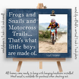 Personalized Motocross Picture Frame Gift for Boy, First Birthday, Dirt Bike Nursery Decor, Frogs and Snails and Motocross Trails, 9x12