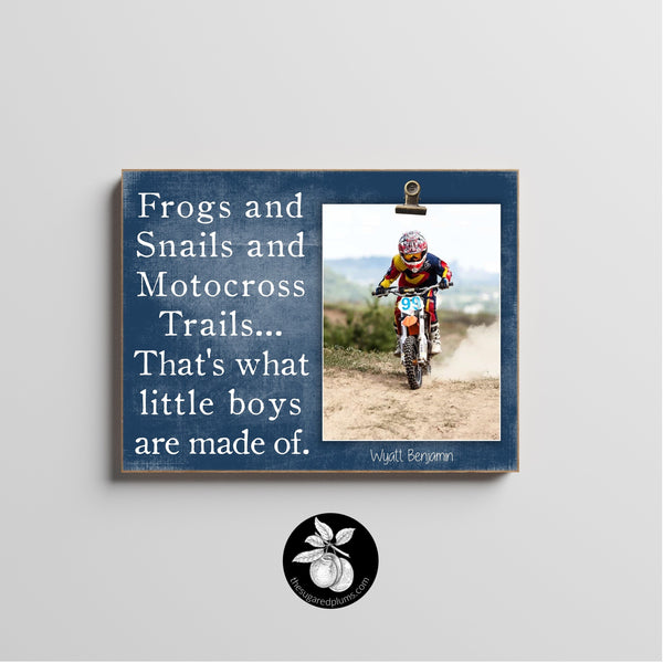 Personalized Motocross Picture Frame Gift for Boy, First Birthday, Dirt Bike Nursery Decor, Frogs and Snails and Motocross Trails, 9x12
