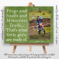 Personalized Motocross Picture Frame Gift for Girl, First Birthday, Dirt Bike Nursery Decor, Frogs and Snails and Motocross Trails, 9x12